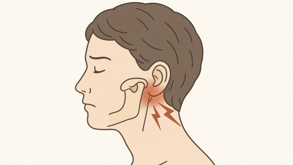 奥歯に負担が集中する噛み合わせにより、顎関節に負荷がかかり不調が生じる様子を示したイラスト
