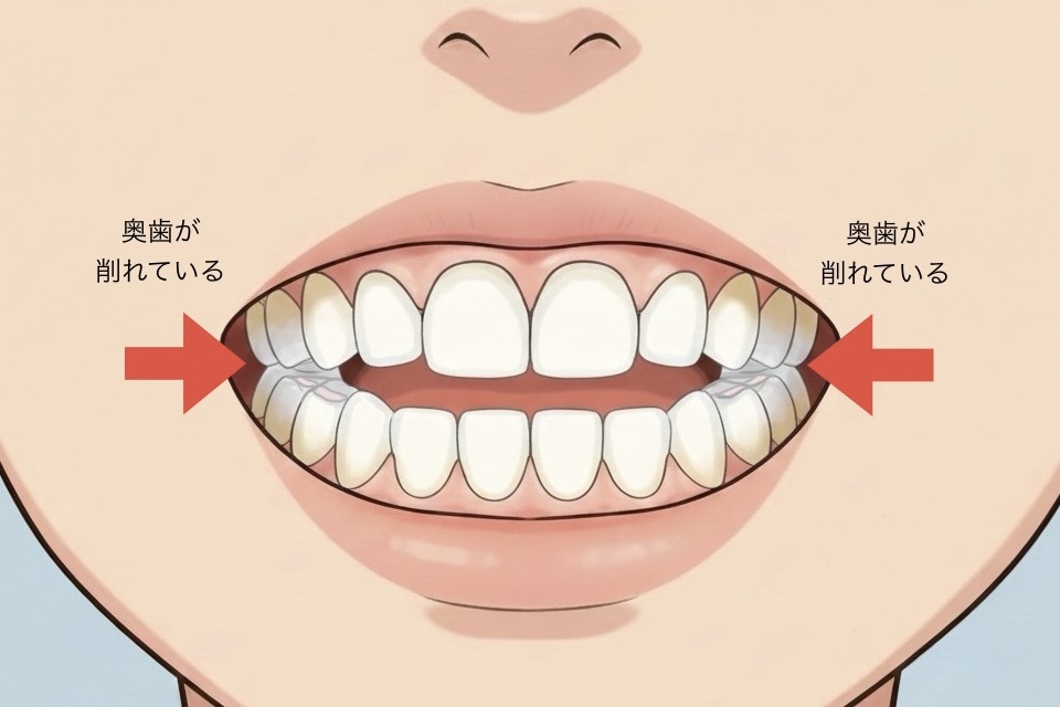開咬により前歯が噛み合わず、奥歯に負担が集中して摩耗している様子を示したイラスト