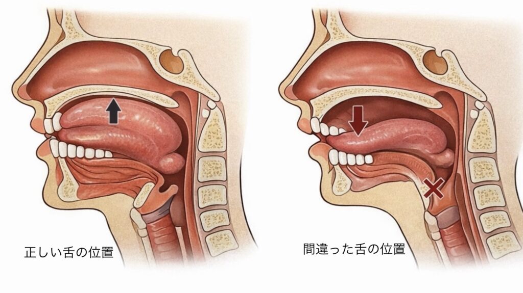 正しい舌の位置と、間違った舌の位置をそれぞれ図解した画像