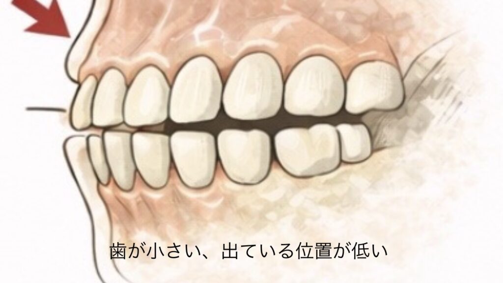 ガミースマイルの主な原因：歯が小さい、出ている位置が低い