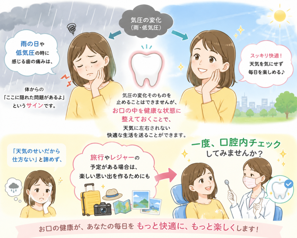気圧による歯の痛みを感じる場合、歯科での口腔内チェックをおすすめします。