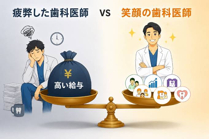 疲弊した医師と笑顔の歯科医師の比較