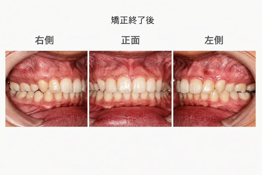 矯正終了後、側方、正面、上顎、下顎の写真